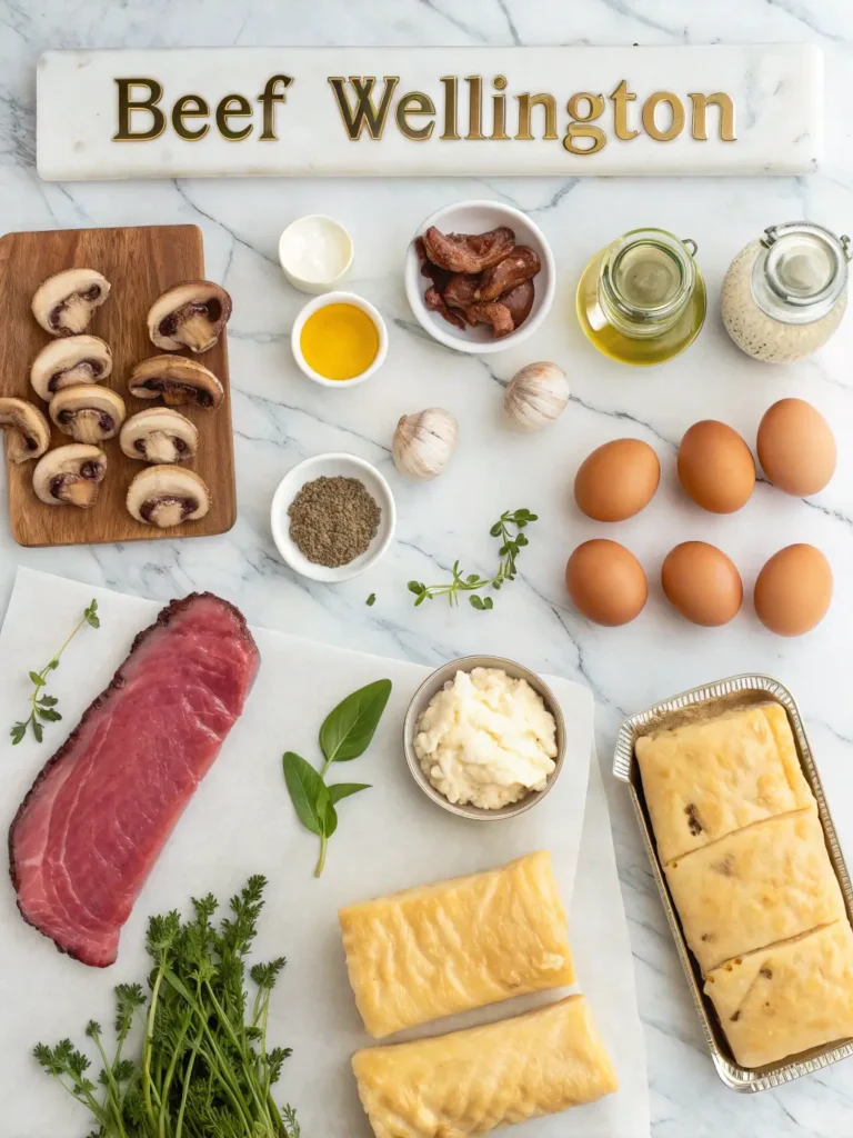 All ingredients for individual beef wellingtons laid out including beef tenderloin, mushrooms, puff pastry, and herbs