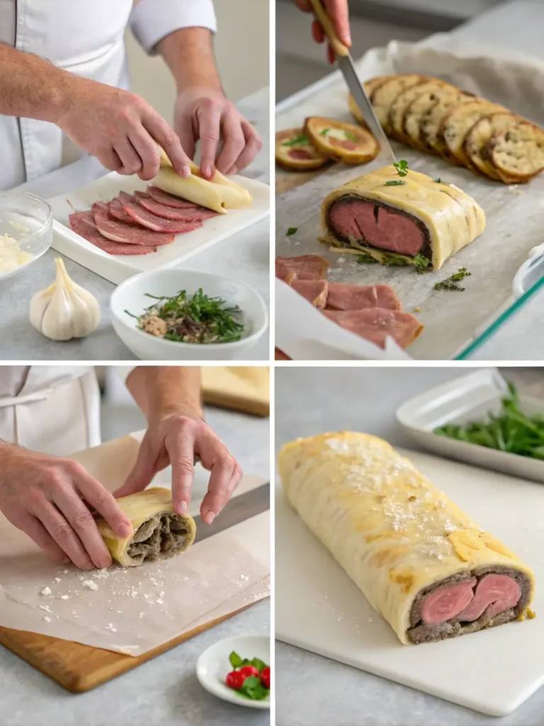 Step-by-step process of making Chef John's Individual Beef Wellingtons showing pastry wrapping and assembly techniques