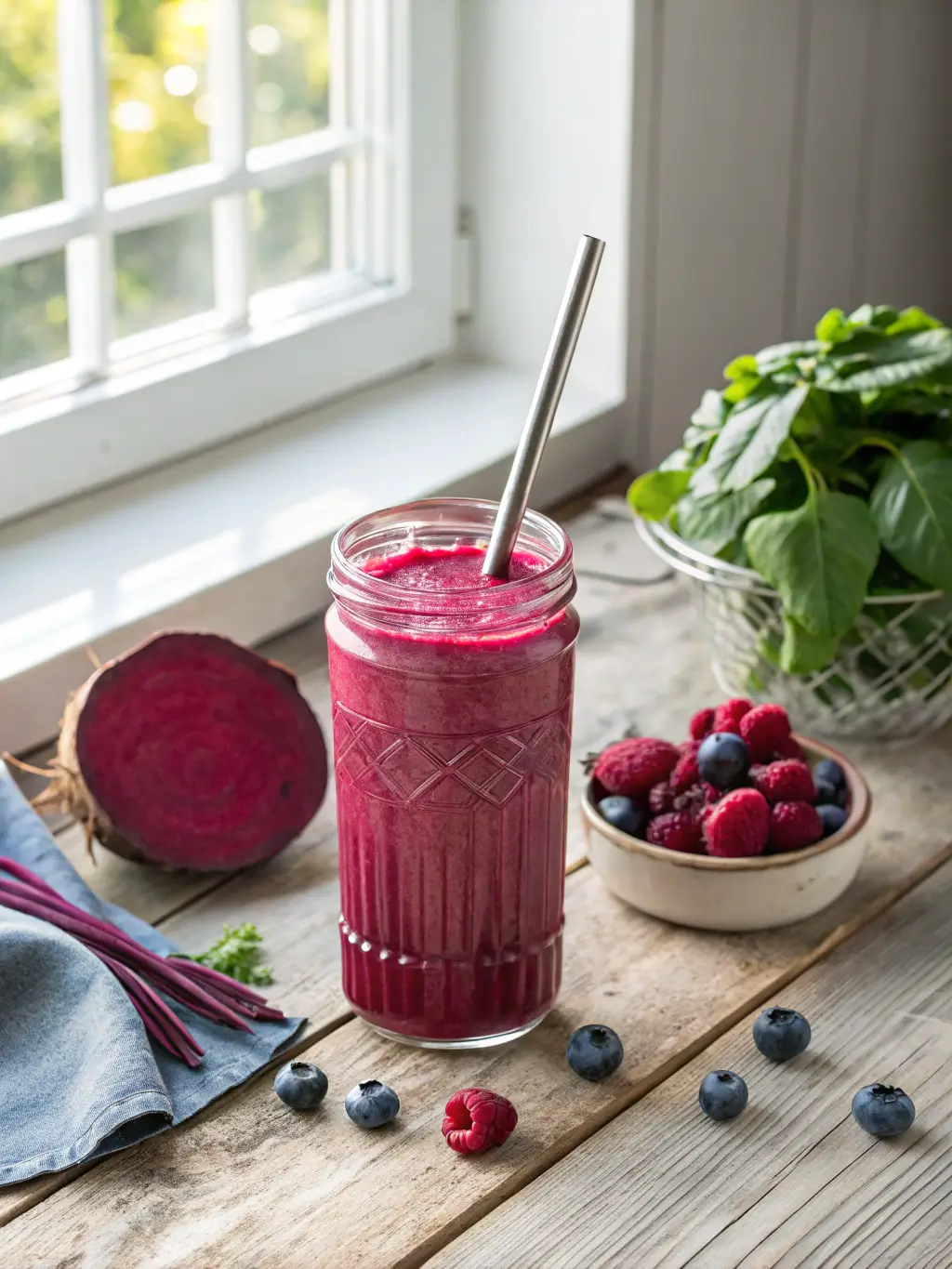 Vibrant beetroot smoothie in mason jar with metal straw surrounded by fresh ingredients on wooden table with natural sunlight