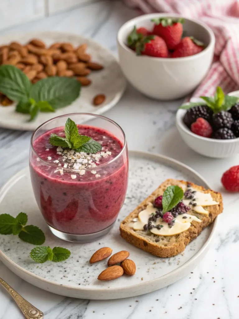 Elegant beetroot smoothie in clear glass garnished with mint and chia seeds, served with almonds and whole grain toast