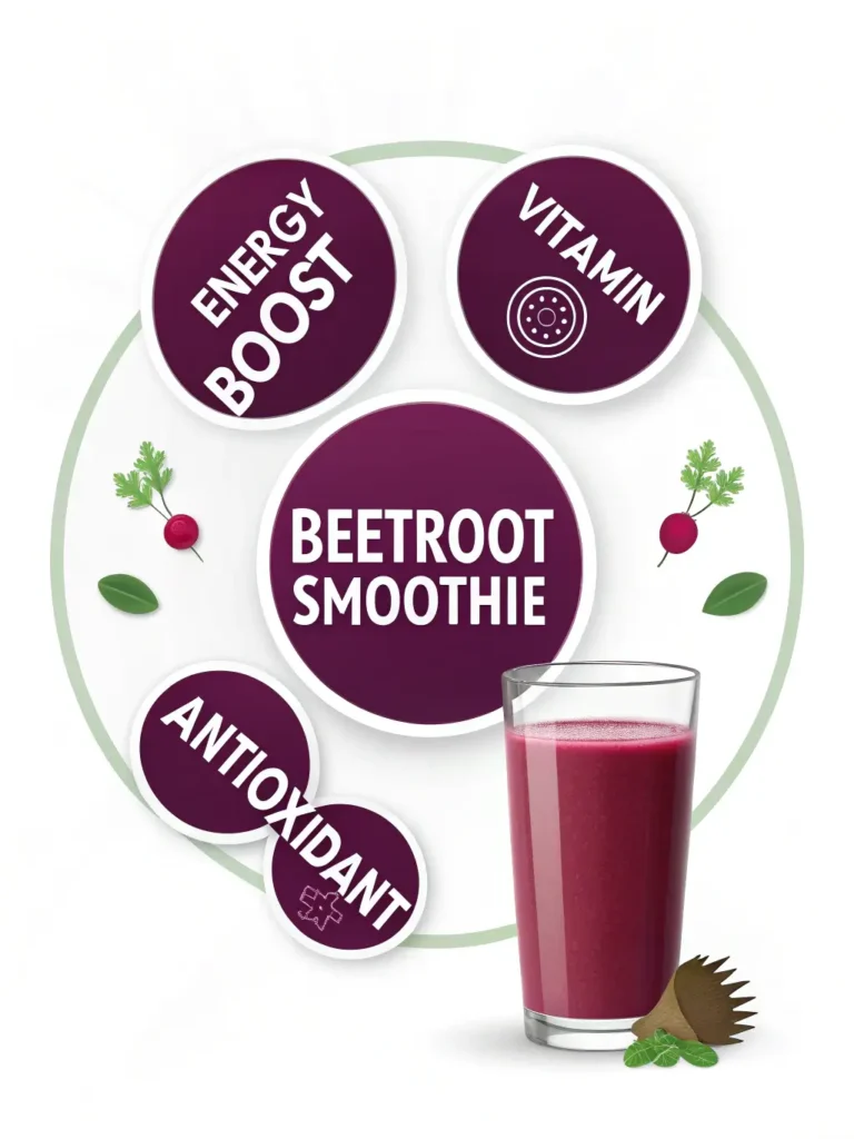 Beetroot smoothie nutritional benefits infographic showing energy boost percentages, vitamins, and health advantages