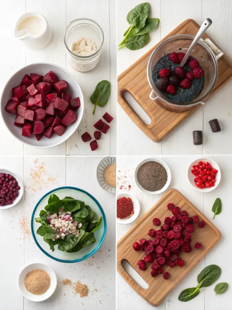 Six-step beetroot smoothie preparation process showing chopped beetroot, blender stages, and final smooth mixture ready to serve