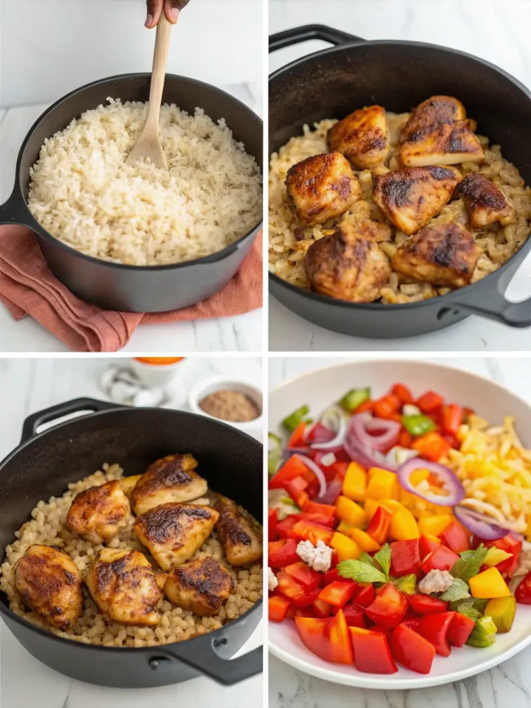 Step-by-step cooking process showing Caribbean Chicken and Rice preparation from searing chicken to adding coconut milk in one pot