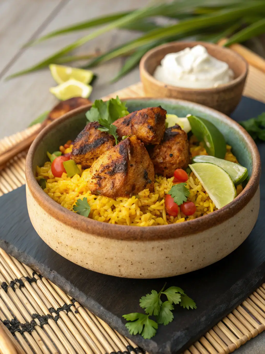 Caribbean Chicken and Rice cooking in a cast iron Dutch oven with golden turmeric rice, tender chicken pieces, and colorful vegetables