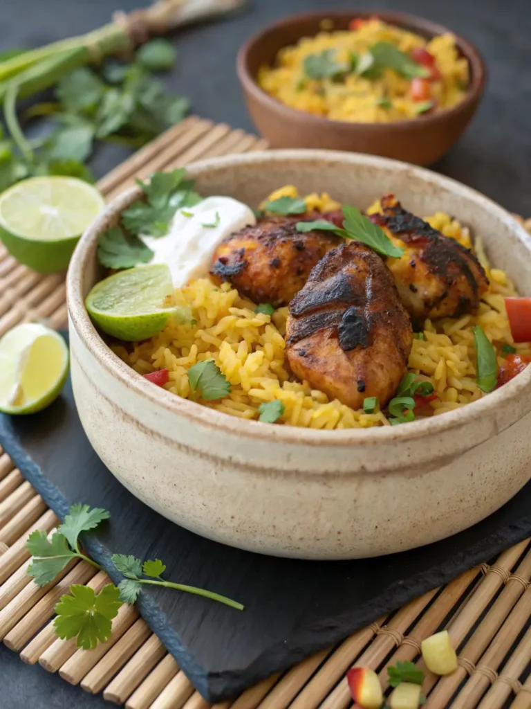 Plated Caribbean Chicken and Rice served in ceramic bowl with lime wedge garnish and fresh cilantro on dark slate plate