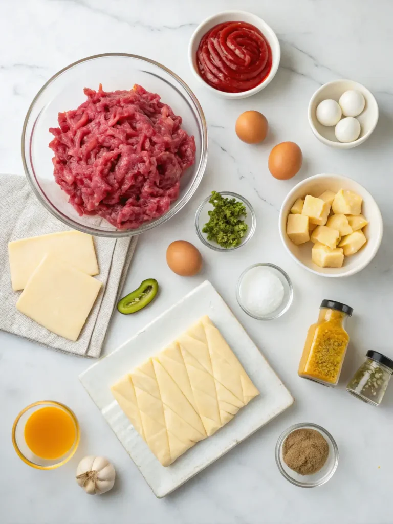 All ingredients for Cheeseburger Wellington recipe laid out including ground beef, puff pastry, cheese, onions, and seasonings