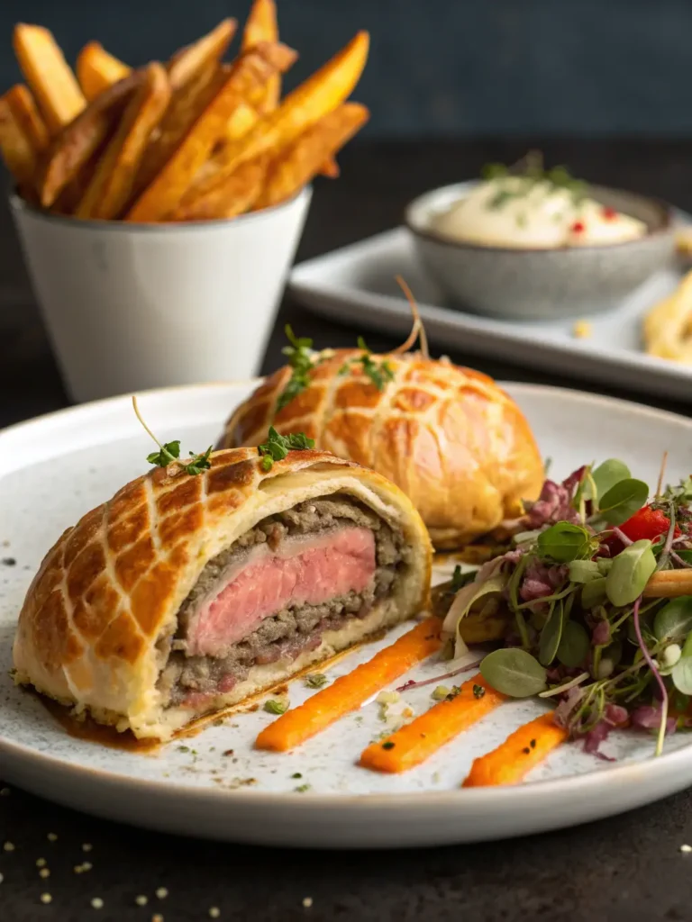 Restaurant-style plated Cheeseburger Wellington slices on white plate with sweet potato fries and salad garnish