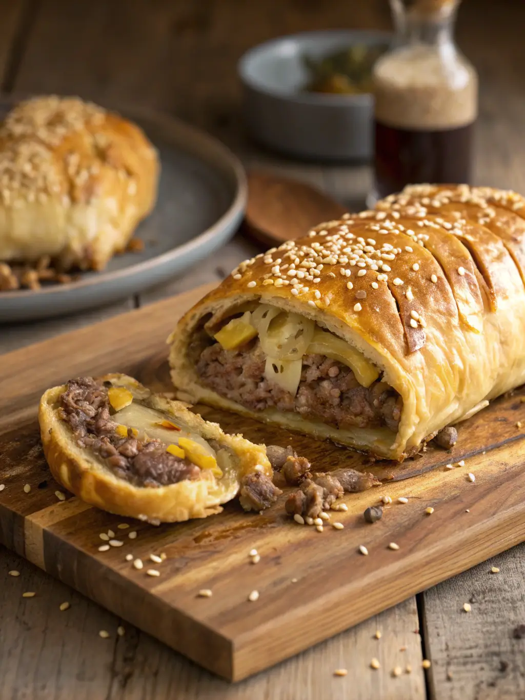 Golden-brown Cheeseburger Wellington sliced to show beef, cheese, and onion layers inside flaky puff pastry on wooden cutting board