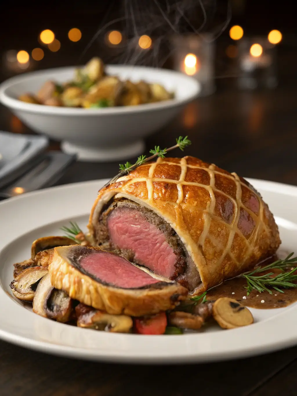 Chef John's Individual Beef Wellingtons with golden puff pastry on white plates, perfectly cooked and elegantly presented