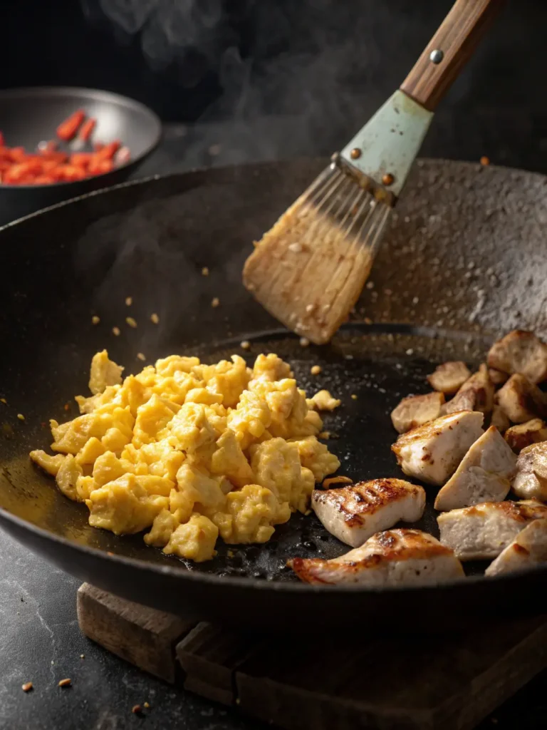 Action shot of marinated chicken searing in a hot wok next to a pile of fluffy, light yellow scrambled eggs.