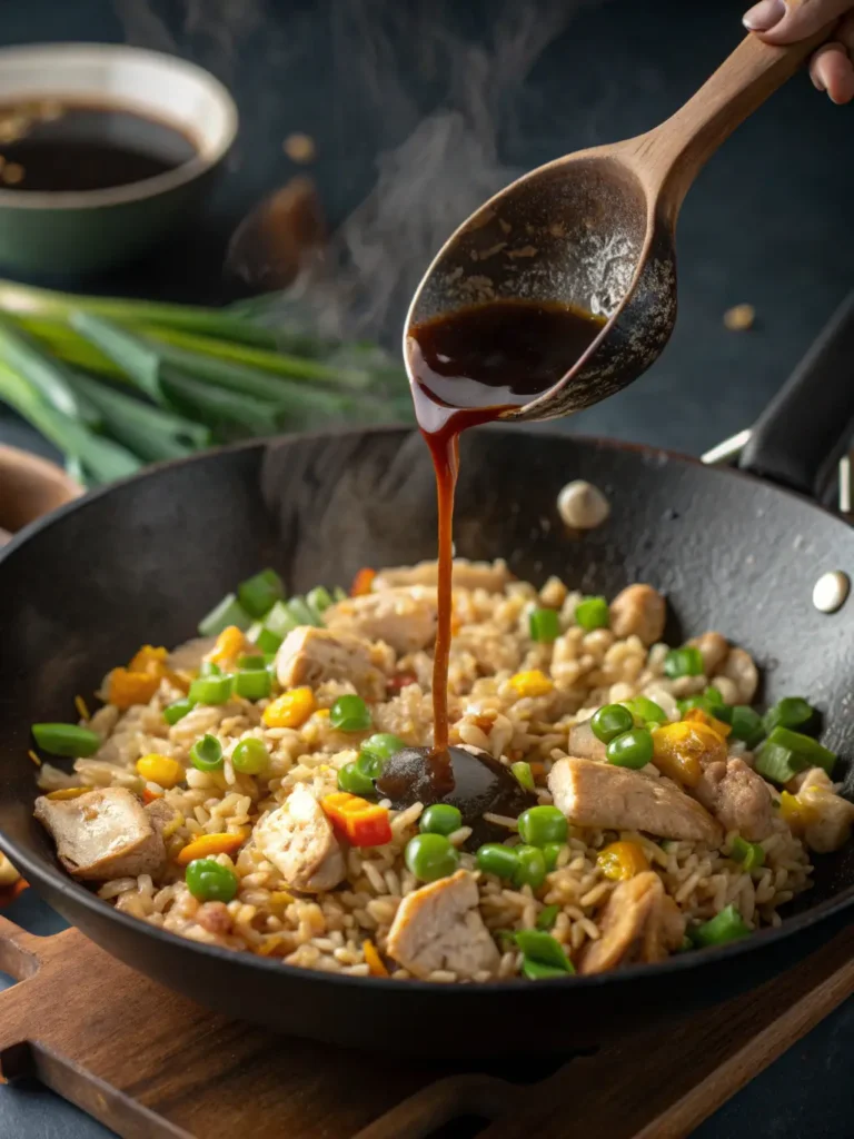The final step of making Chinese Chicken Fried Rice, with all ingredients being tossed together in a wok as a dark sauce and fresh green scallions are added.