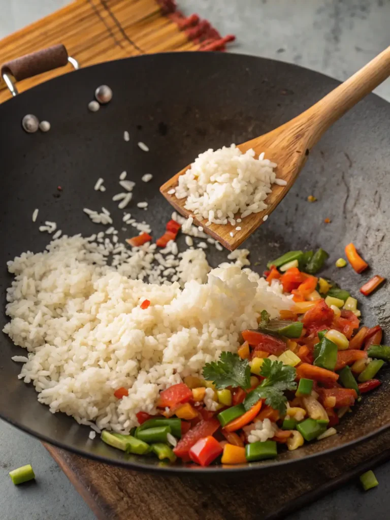 A wooden spatula breaking up a mound of cold, day-old white rice in a hot wok with cooked vegetables for Chinese Chicken Fried Rice.