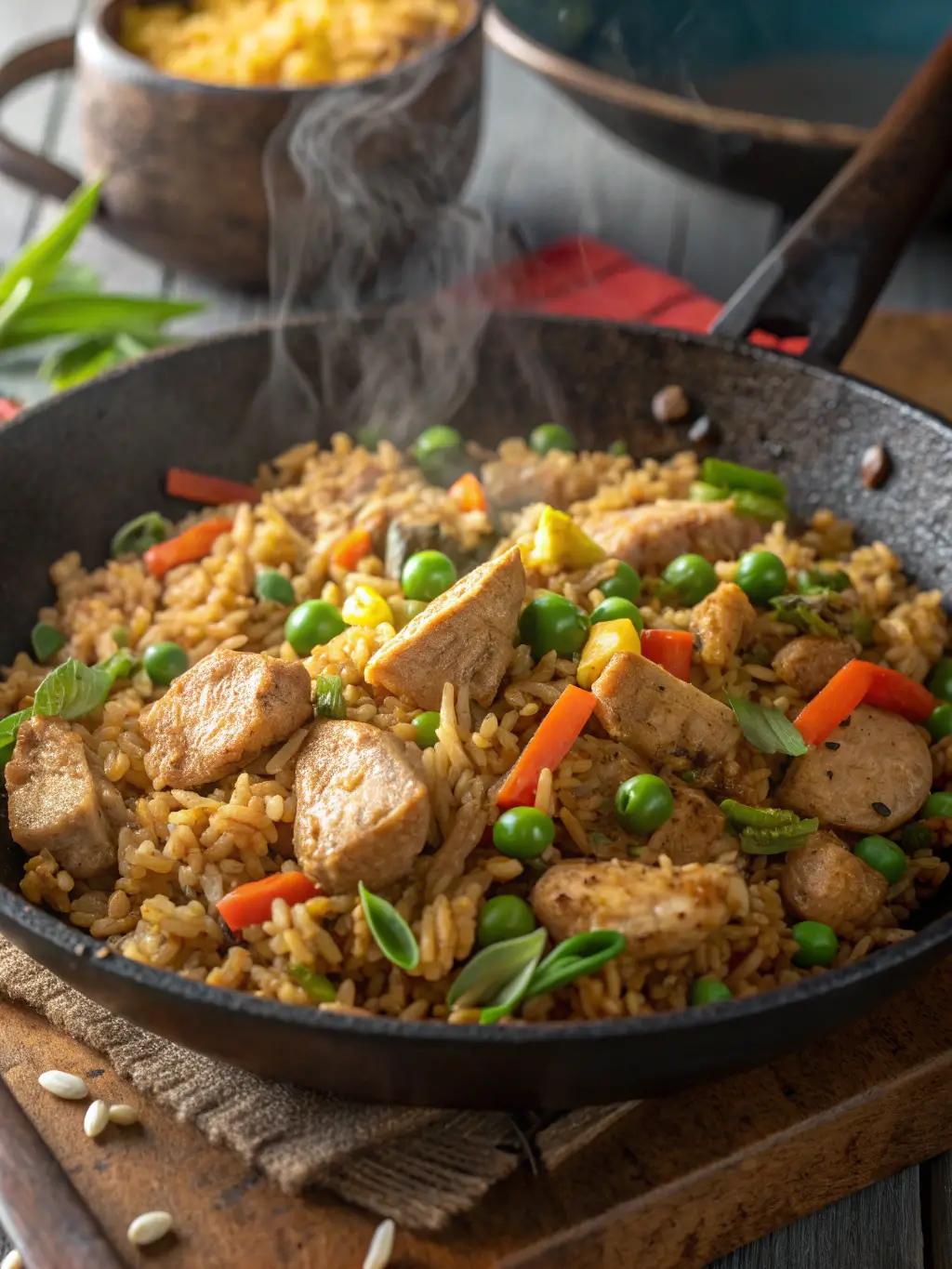 A vibrant, sizzling wok filled with delicious Chinese Chicken Fried Rice, showing perfectly cooked chicken, vegetables, and fluffy egg with steam rising.
