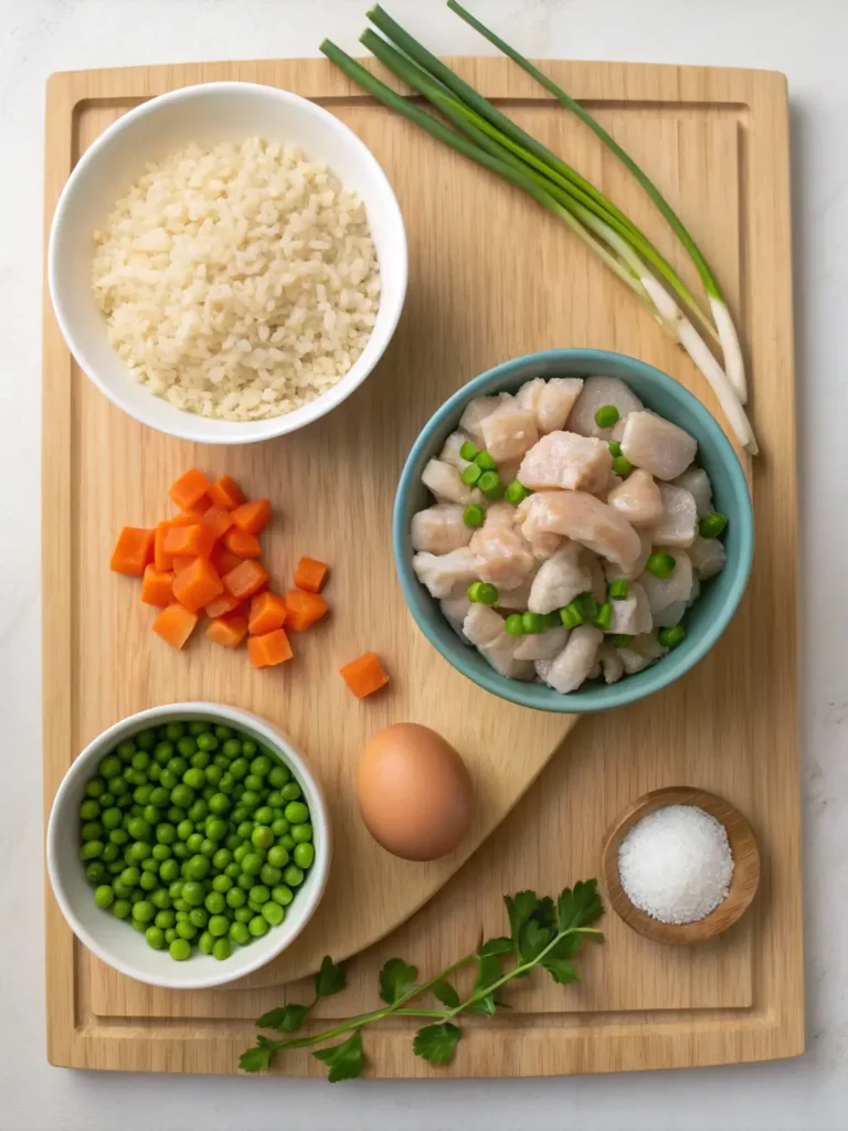 A flat-lay image of all the fresh ingredients for Chinese Chicken Fried Rice, including diced chicken, rice, peas, carrots, and aromatics, arranged neatly on a wooden board.
