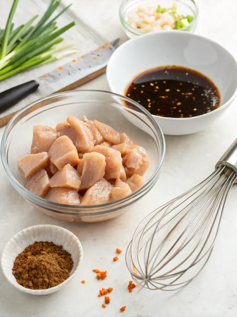 An overhead view of chicken pieces marinating in a glass bowl next to a small white bowl with savory sauce being prepared for Chinese Chicken Fried Rice.