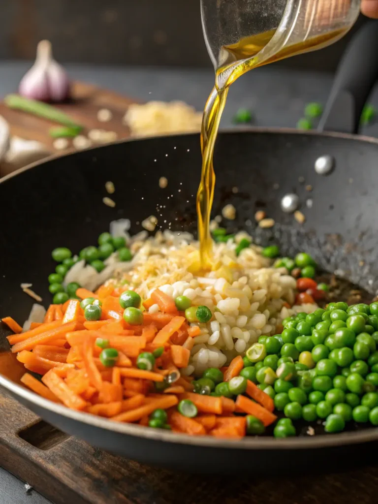  A close-up of minced garlic and ginger sizzling in a wok with vibrant green peas and diced orange carrots being stir-fried.