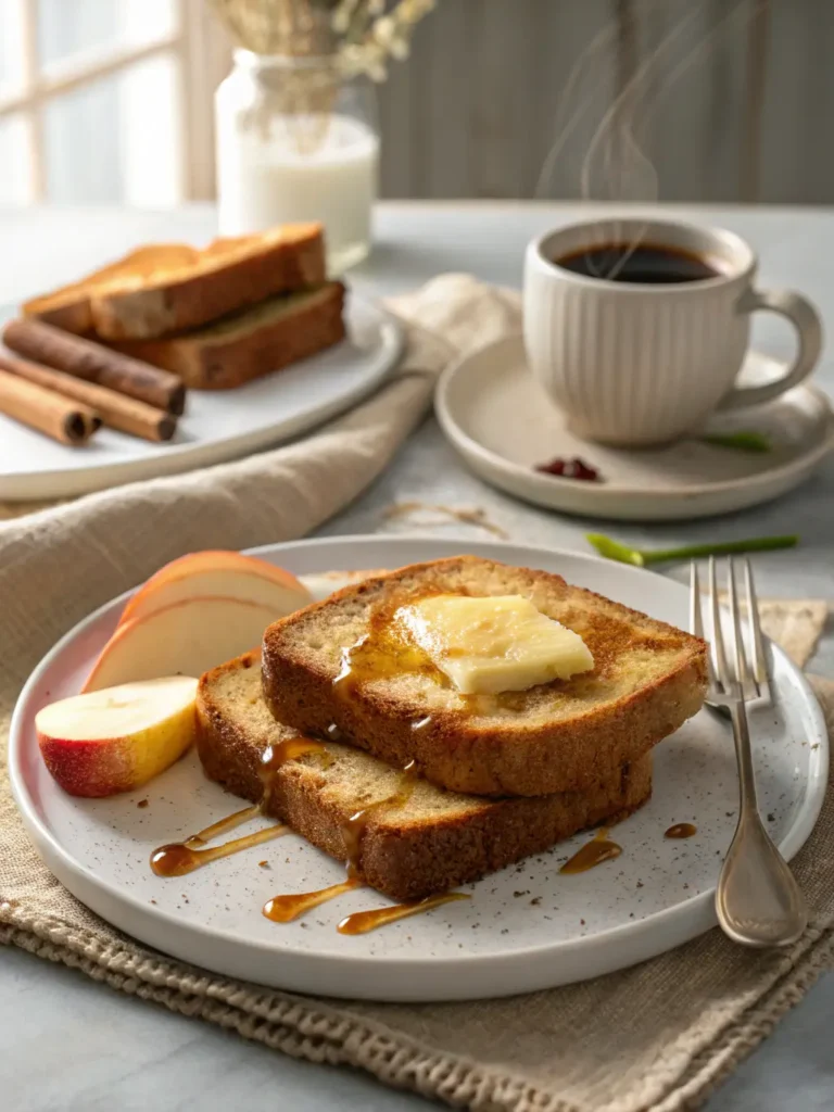 Two slices of warm cinnamon-spiced apple bread on white plate with melting butter, maple syrup drizzle, and coffee cup in background