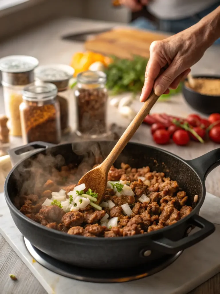 Browning ground beef in Dutch oven for Beef and Pumpkin Chili recipe step by step