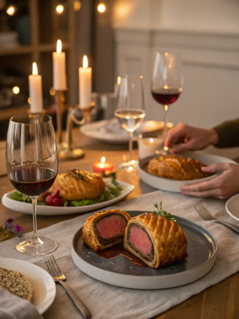 Elegant dinner party scene with individual beef wellingtons being served to guests with wine glasses