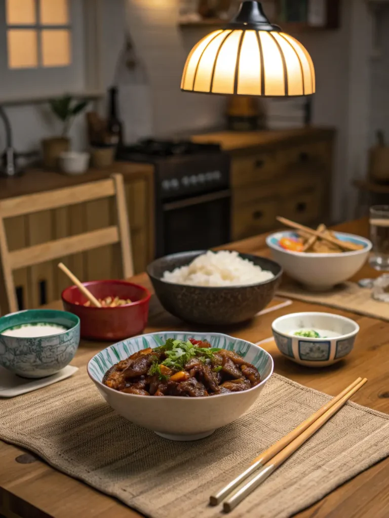 Family enjoying homemade ginger beef sauce dish at dinner table with Asian-style place settings and chopsticks