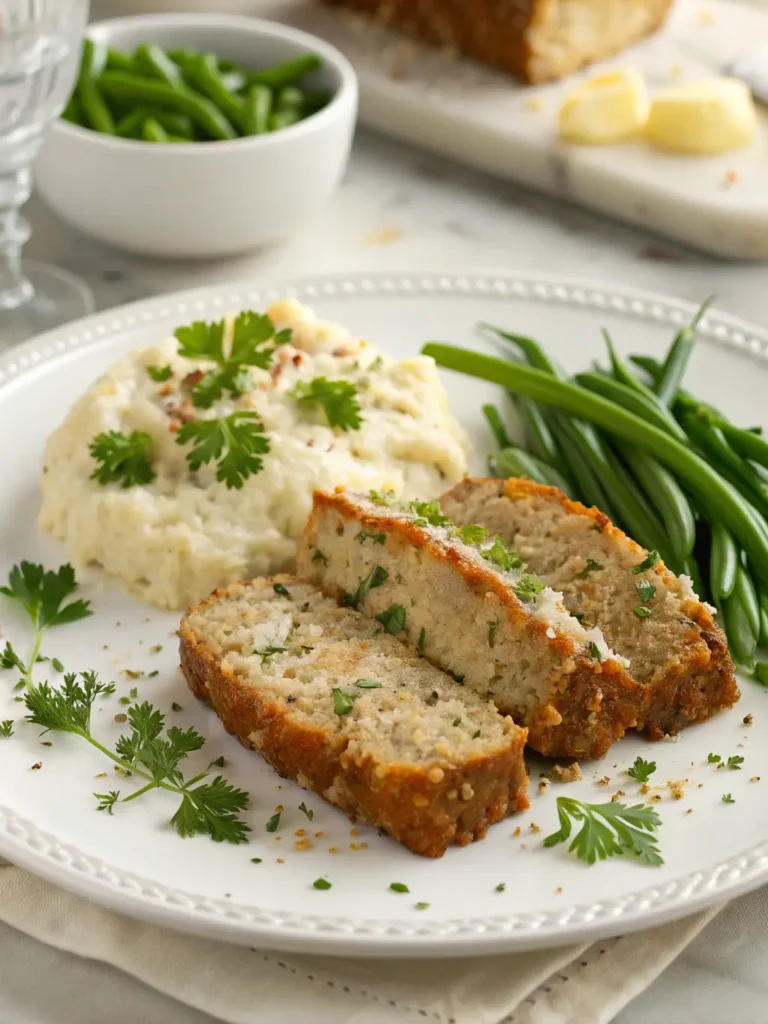 Plated Garlic Parmesan Chicken Meatloaf slices with mashed potatoes and green beans