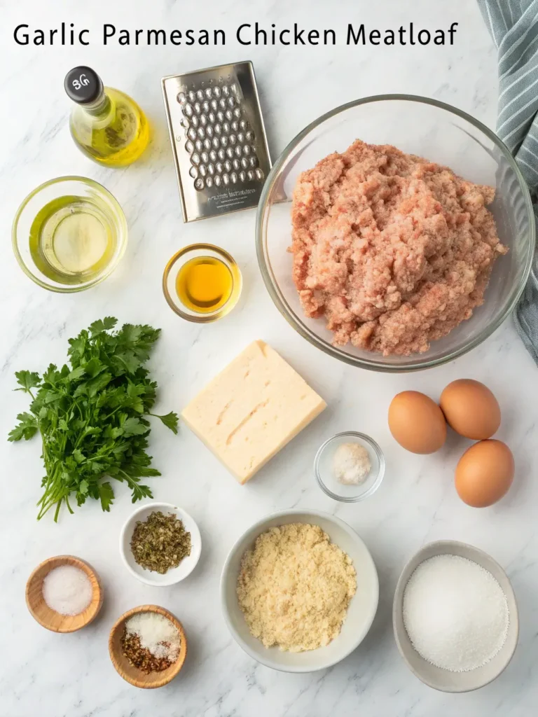 All ingredients for Garlic Parmesan Chicken Meatloaf recipe laid out including ground chicken, Parmesan cheese, and garlic
