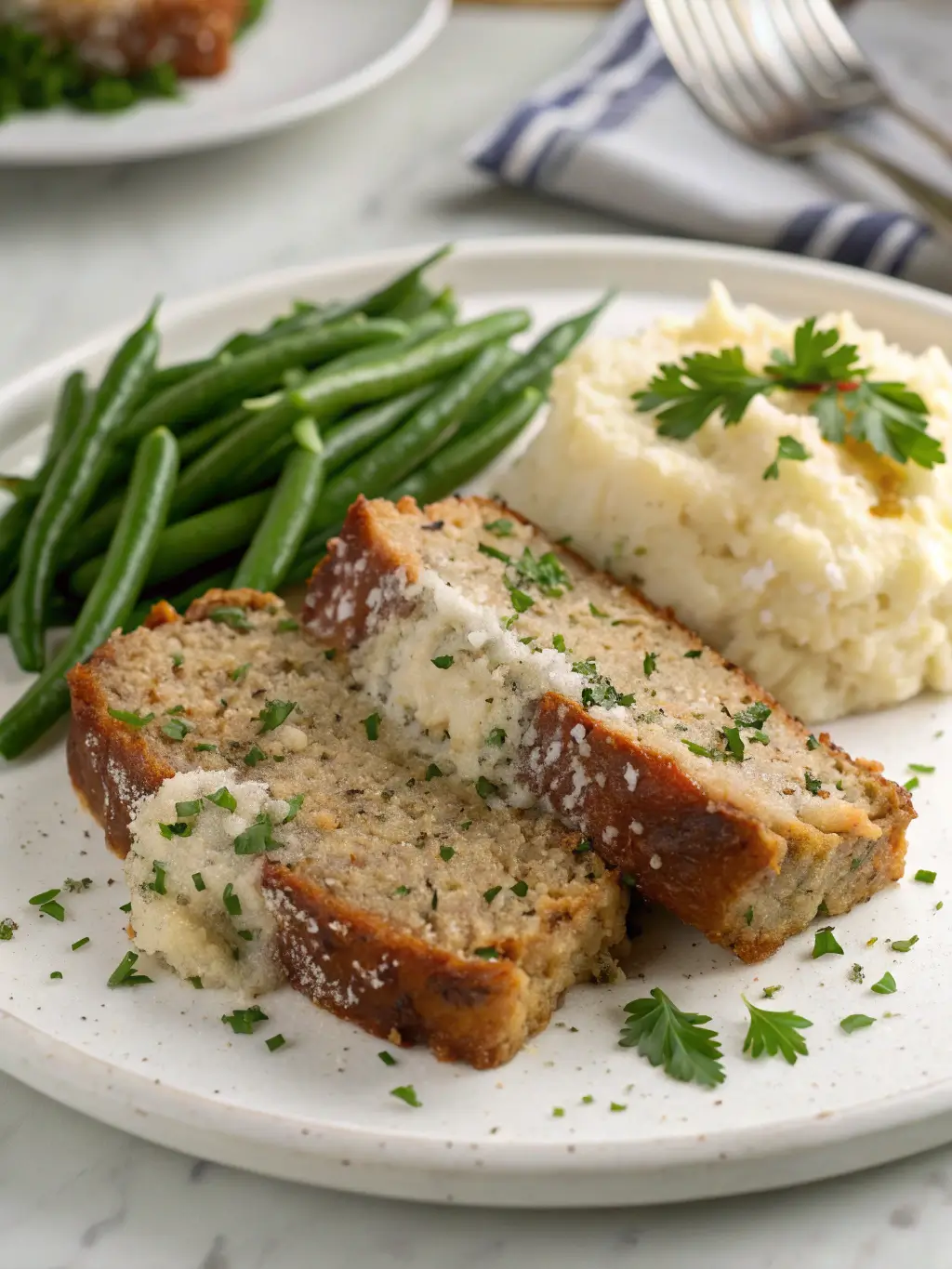 Sliced Garlic Parmesan Chicken Meatloaf on wooden cutting board with golden crust and visible herbs
