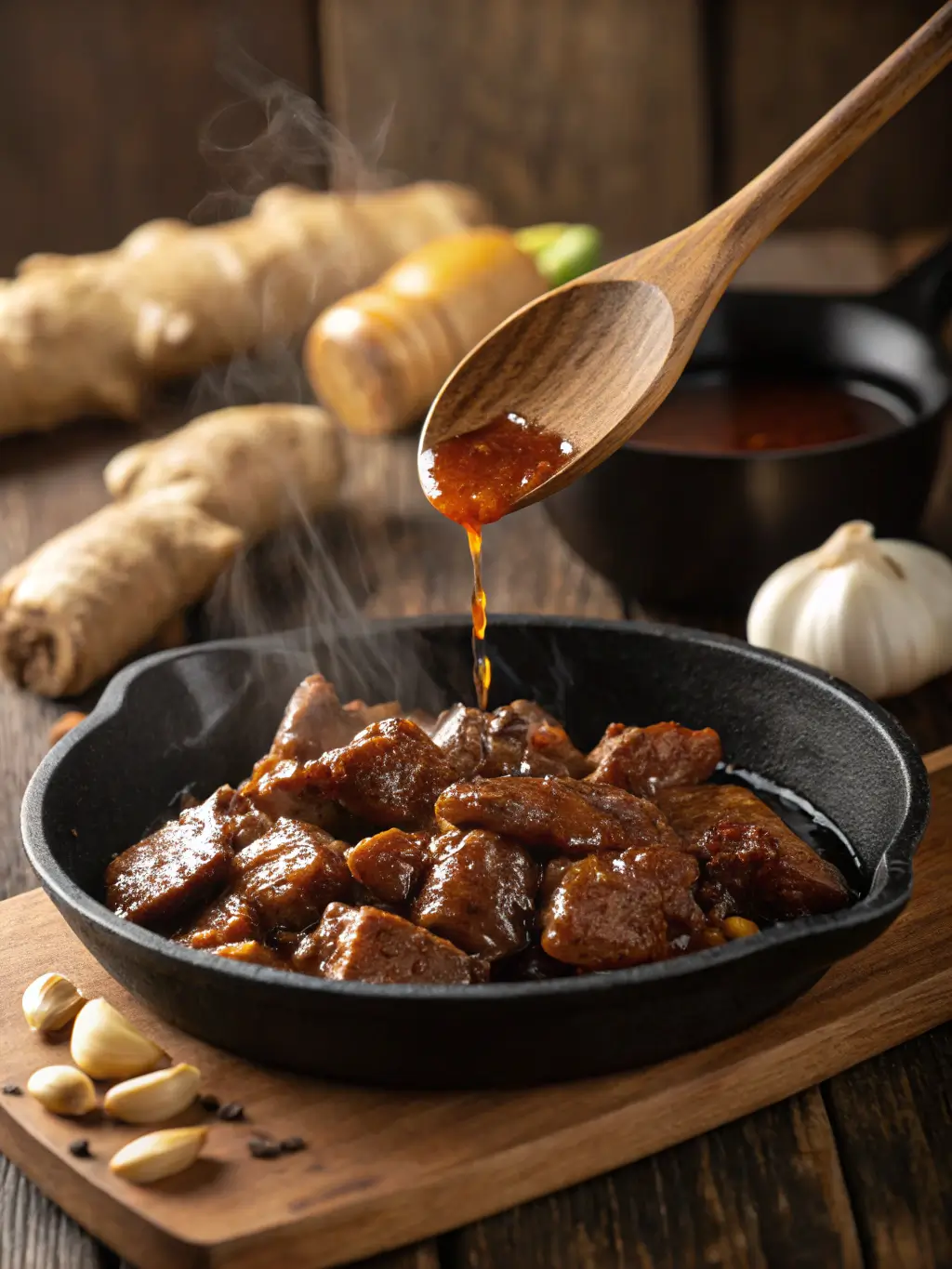 Glossy ginger beef sauce being drizzled over tender beef strips in cast iron skillet with fresh ginger and garlic