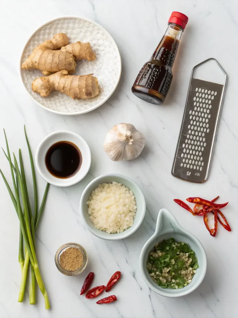 All ingredients needed for ginger beef sauce recipe laid out on marble surface including fresh ginger, soy sauce, and garlic