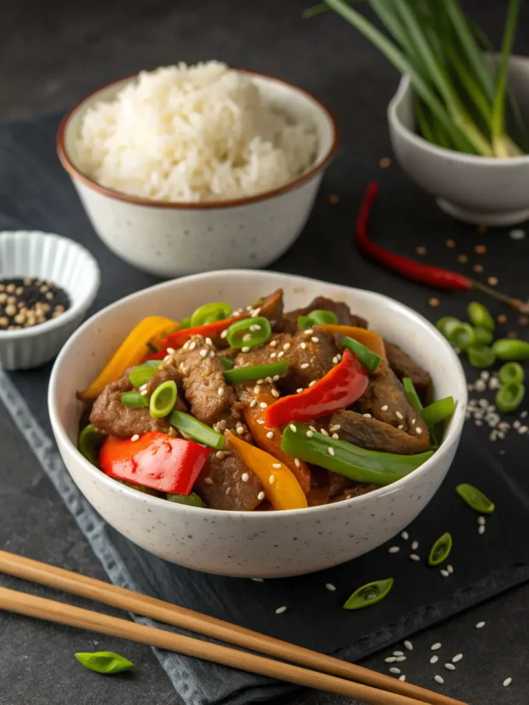 Plated ginger beef stir-fry with homemade ginger beef sauce, jasmine rice, and fresh vegetables garnished with scallions