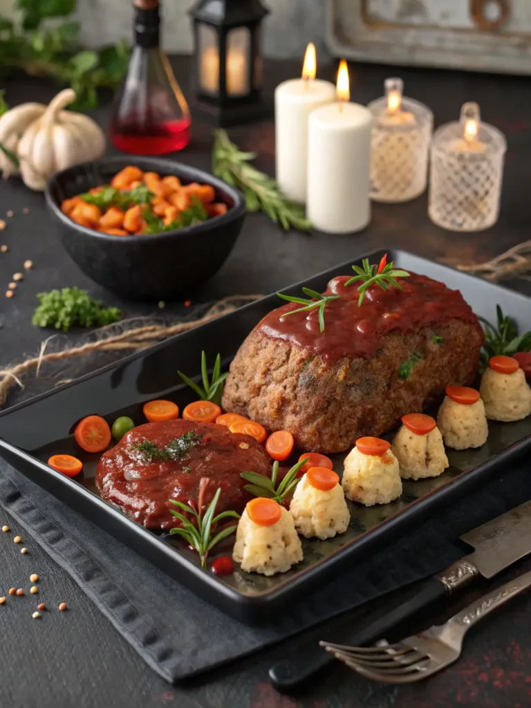 Halloween Feet Loaf served on black platter with mashed potato tombstones and roasted vegetables