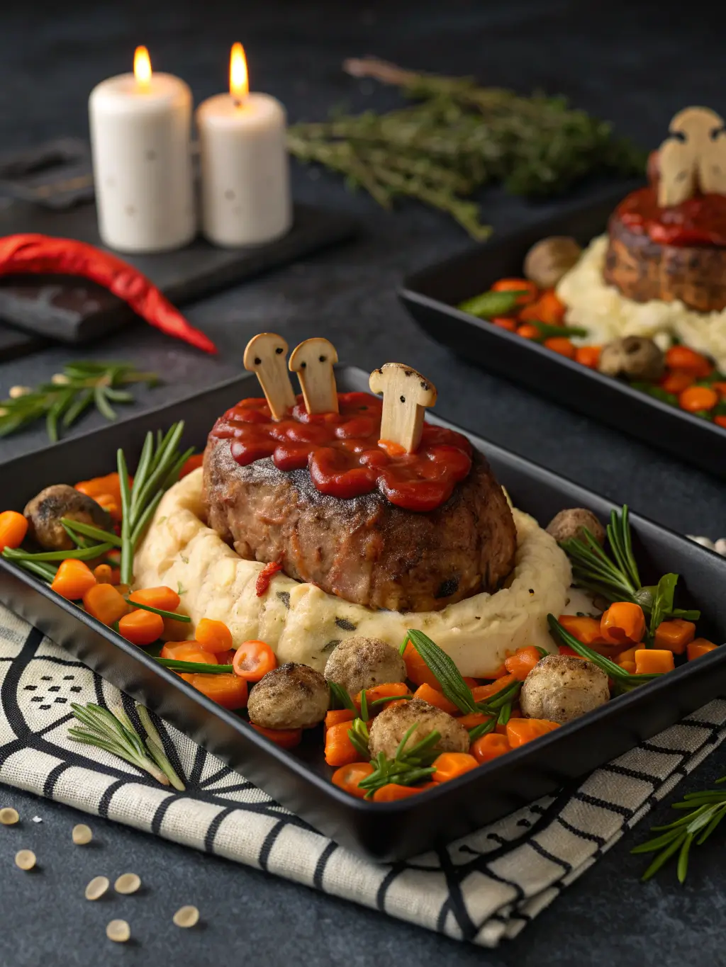 Halloween Feet Loaf shaped meatloaf with almond toenails and glossy ketchup glaze on black platter