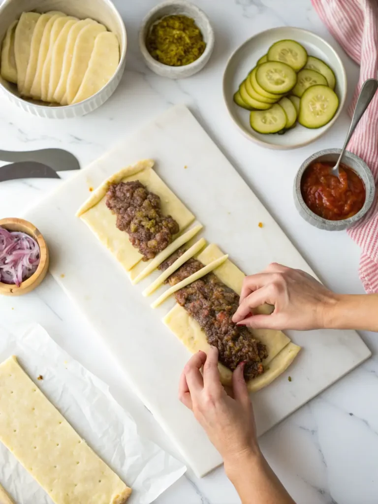 Step-by-step assembly of Cheeseburger Wellington showing puff pastry with beef filling, cheese layers, and wrapping technique