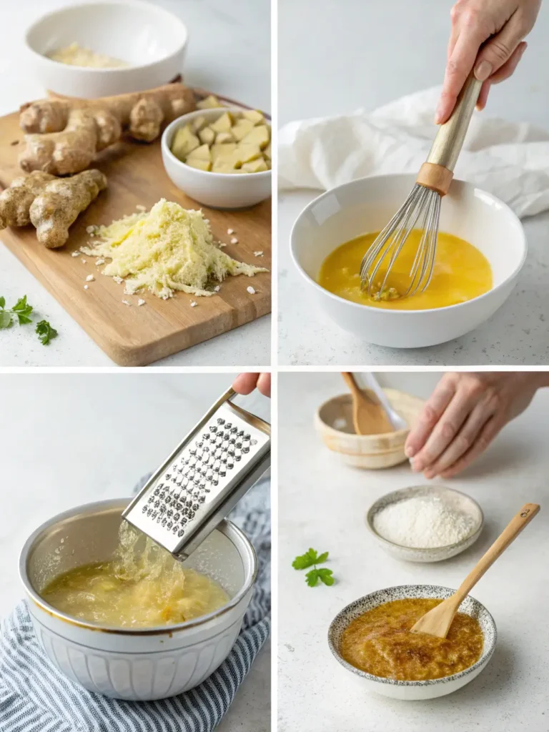 Four-step process showing how to make ginger beef sauce: grating ginger, cooking aromatics, whisking slurry, and finished sauce
