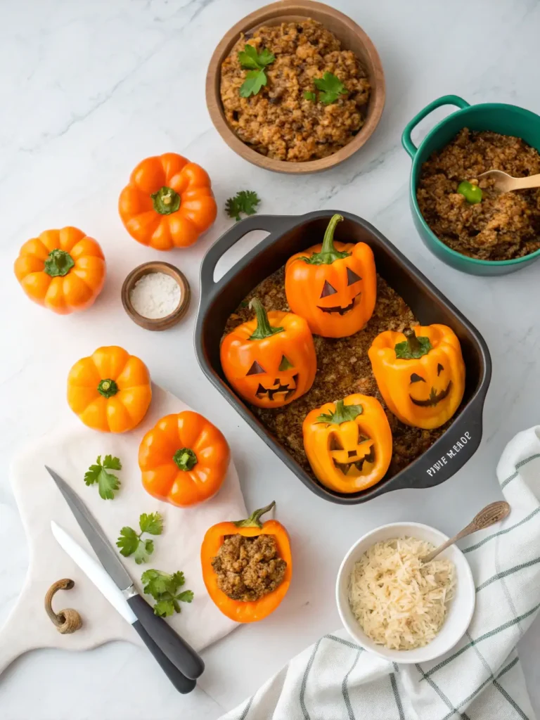 Step-by-step process showing how to carve and stuff Jack-O'-Lantern Stuffed Peppers with savory filling