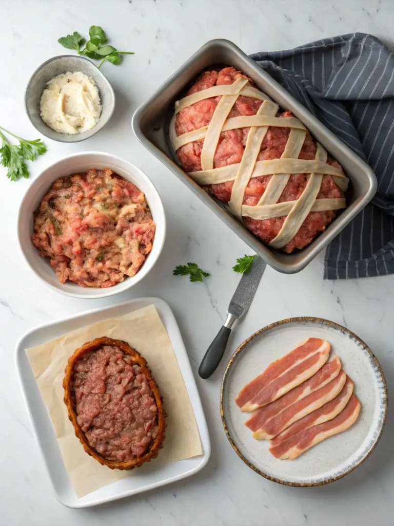 Step-by-step process showing how to make Mummy Meatloaf with bacon wrapping technique and ingredient preparation