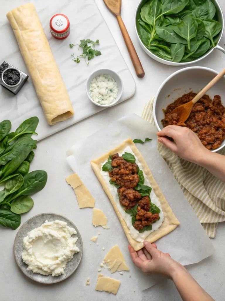 Step-by-step Weeknight Wellington assembly showing puff pastry with cream cheese, spinach layers, and ground meat filling preparation