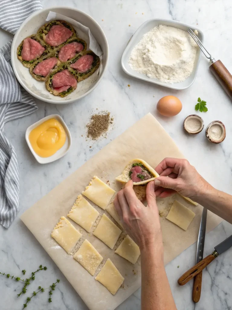 Step-by-step tutorial showing hands wrapping beef wellington in puff pastry with mushroom duxelles and prosciutto