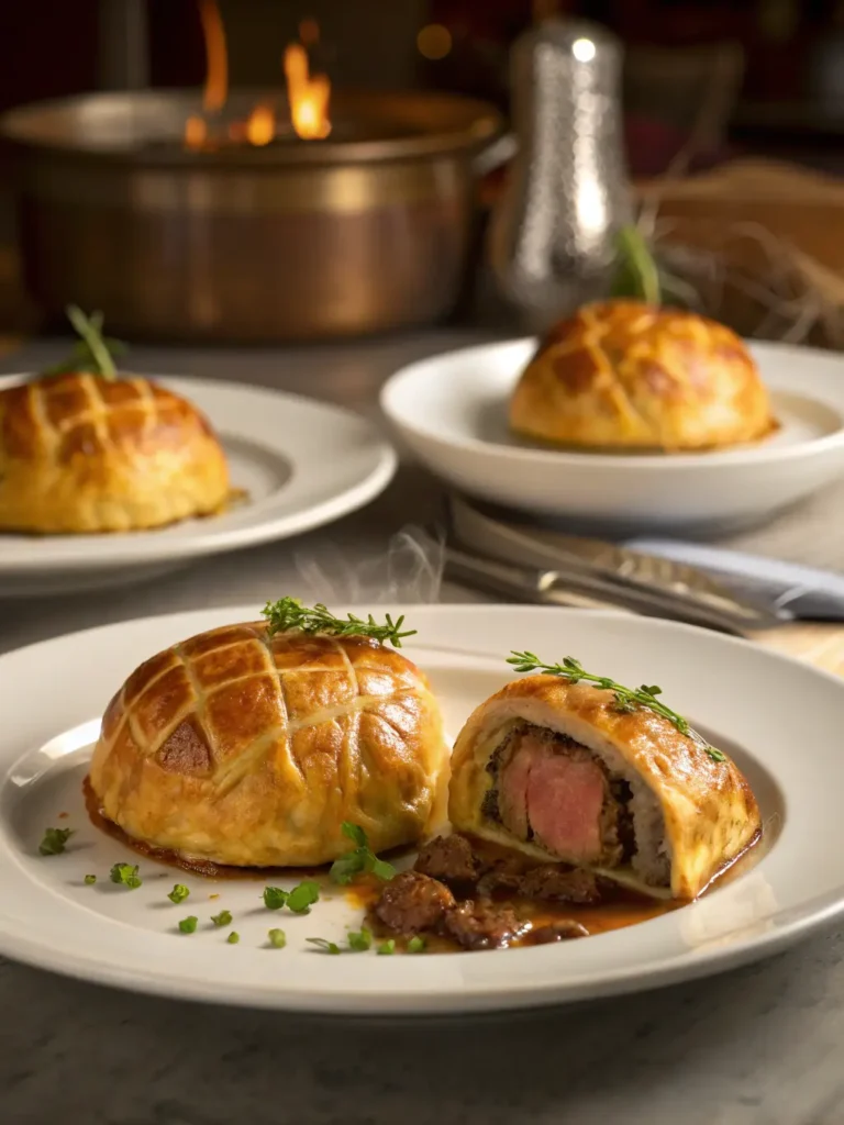 Sliced Chef John's Individual Beef Wellington revealing medium-rare beef center with mushroom duxelles and flaky pastry