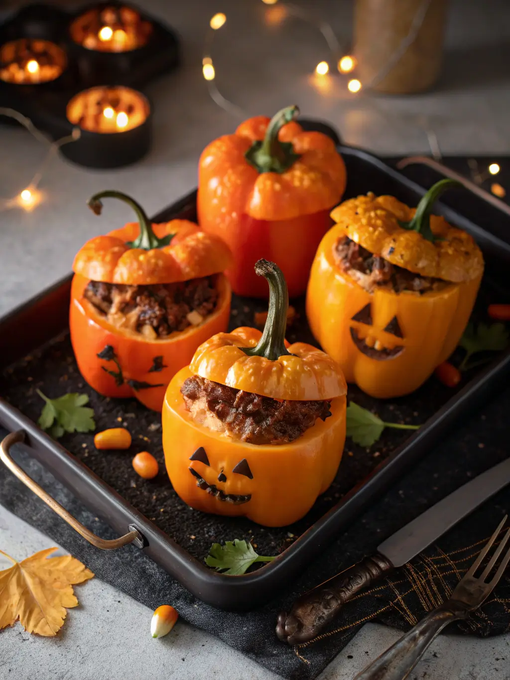 Jack-O'-Lantern Stuffed Peppers with carved smiling faces filled with beef rice and melted cheese on baking dish