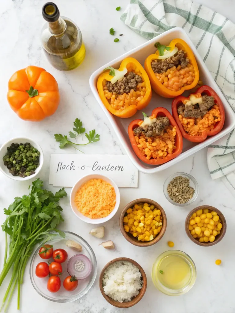 All ingredients for Jack-O'-Lantern Stuffed Peppers including orange bell peppers, ground beef, rice, and cheese