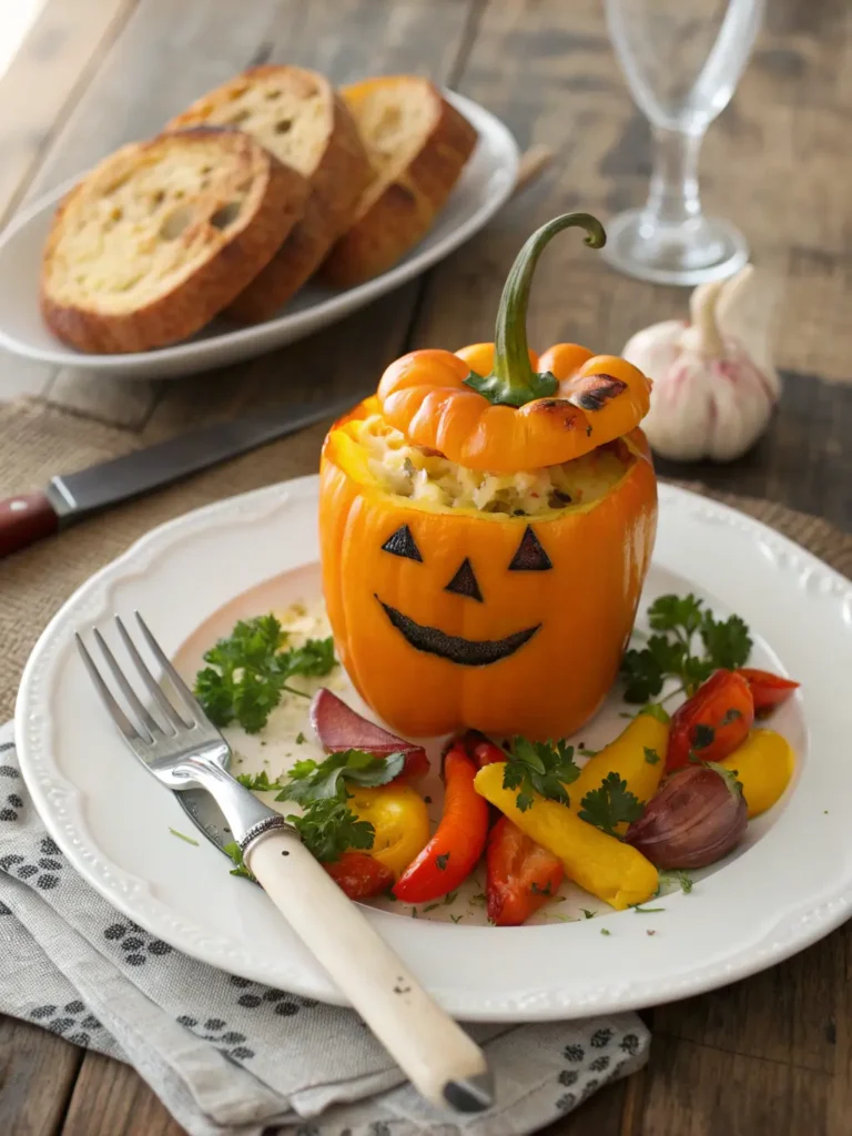 Plated Jack-O'-Lantern Stuffed Pepper with carved face showing melted cheese topping and side vegetables