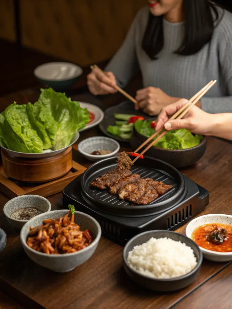 Family enjoying Korean beef strips at dinner table with chopsticks, lettuce wraps, and traditional Korean banchan side dishes