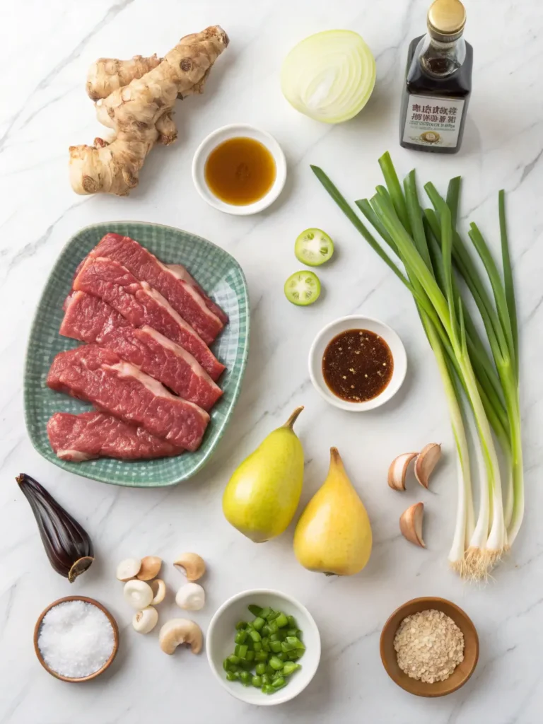 All ingredients for Korean beef strips recipe including sliced ribeye, Asian pear, soy sauce, sesame oil, and fresh herbs