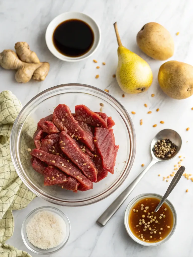 Step-by-step Korean beef strips marinating process showing thin-sliced beef in soy sauce marinade with Asian pear and garlic