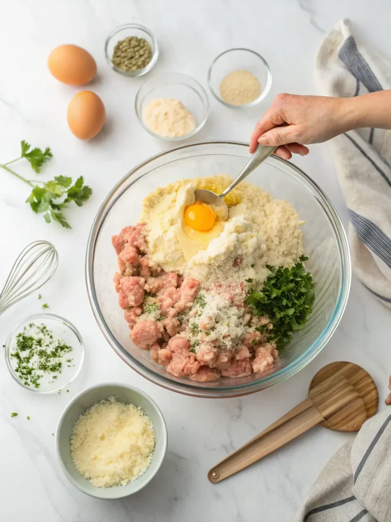 Hands mixing ground chicken with Parmesan cheese and garlic for chicken meatloaf recipe