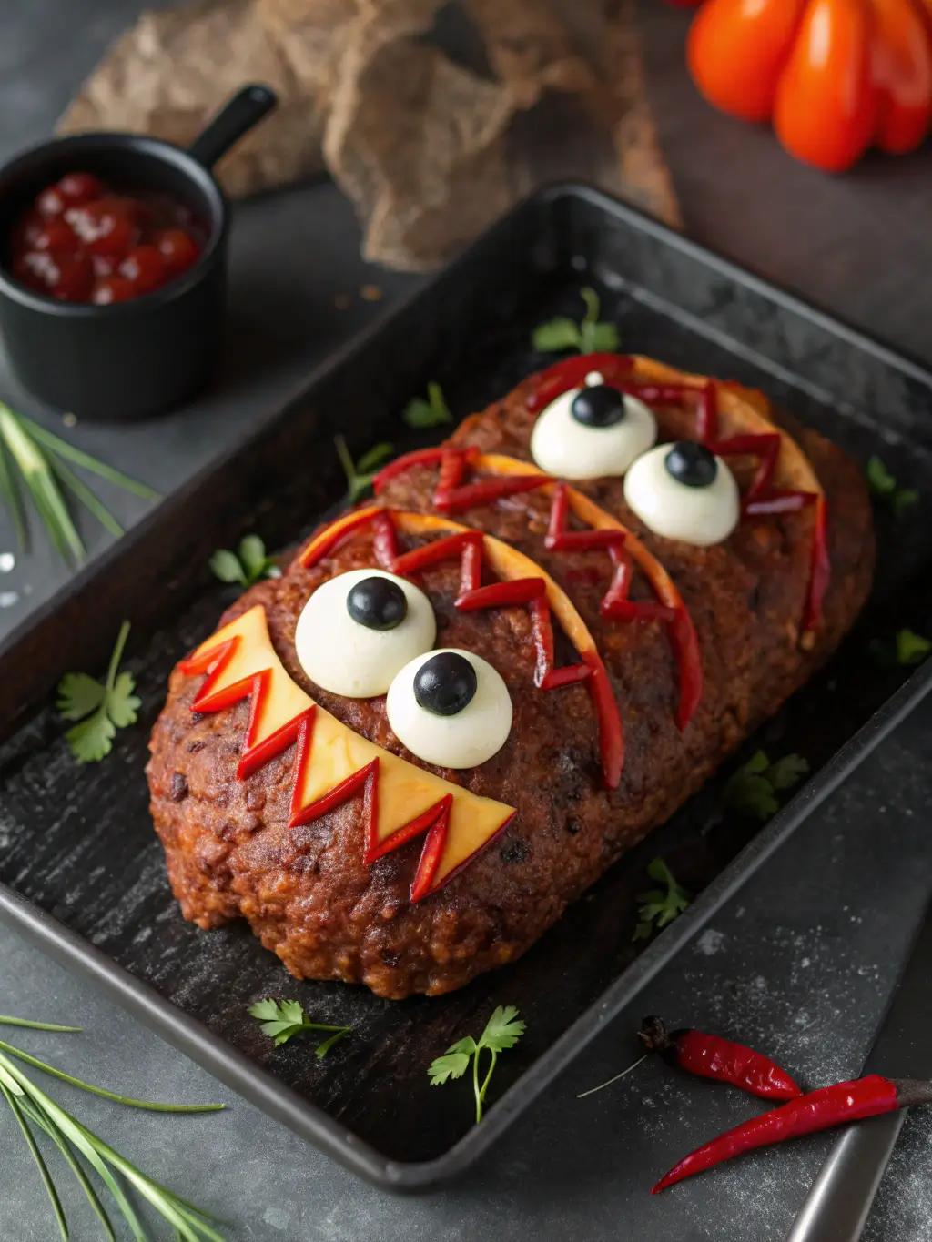 Monster Meatloaf with hard-boiled egg eyes, black olive pupils, mozzarella cheese fangs, and red pepper mouth on a black baking sheet with Halloween decorations