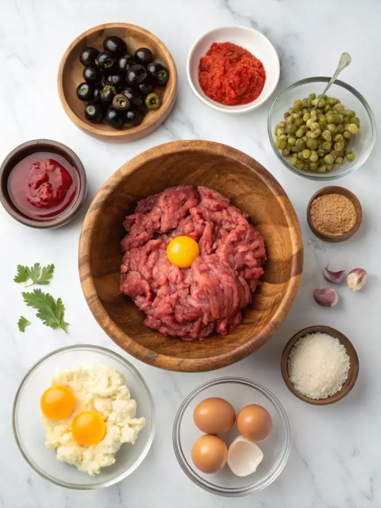 Flat lay of Monster Meatloaf ingredients including ground meat, eggs, breadcrumbs, vegetables, glaze components, and decorative toppings arranged on marble countertop