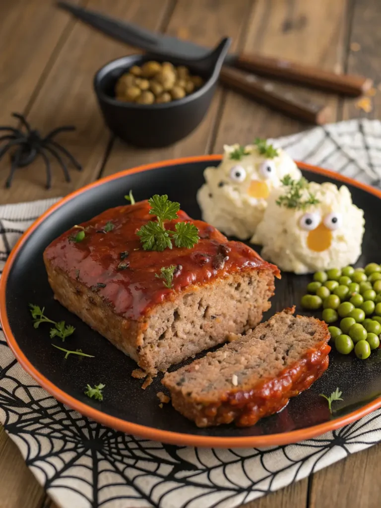 Sliced Monster Meatloaf on black plate showing moist interior, served with ghost-shaped mashed potatoes and green beans on Halloween-themed table setting