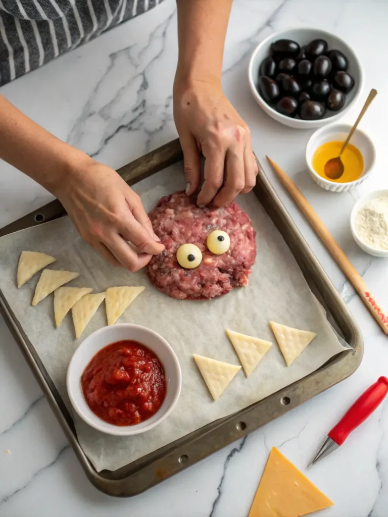 Hands shaping ground meat mixture into monster form with eye sockets on baking sheet, surrounded by preparation bowls of decorative ingredients